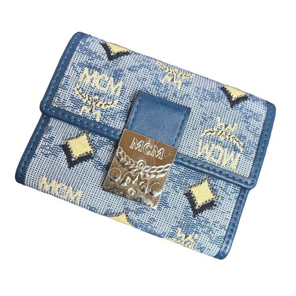 NWOT Auth MCM Veritas Trifold Small Monogram Logo Blue Snap Closure Mini Wallet - Picture 1 of 9